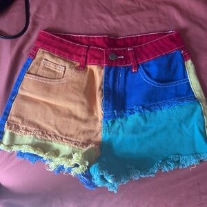 Others Follow Multicolor Patchwork Denim Shorts with Red Waistband